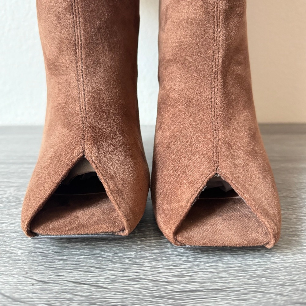 Jeffrey Campbell Kati Knee High Open Toe Wedge Boots Womens 7.5 Brown Suede - Picture 6 of 6